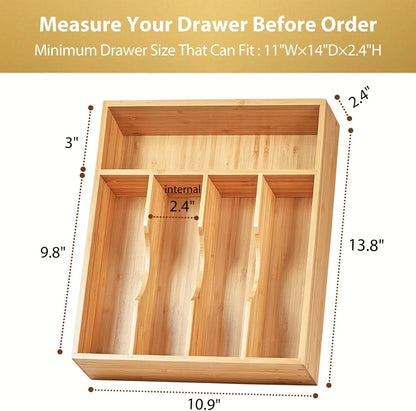 Bamboo Kitchen Drawer Organizer, 11 Inch Silverware Utensils Tray Holder with Grooved Dividers, 2.4" High Wood Caddy for Flatware Cutlery Knives