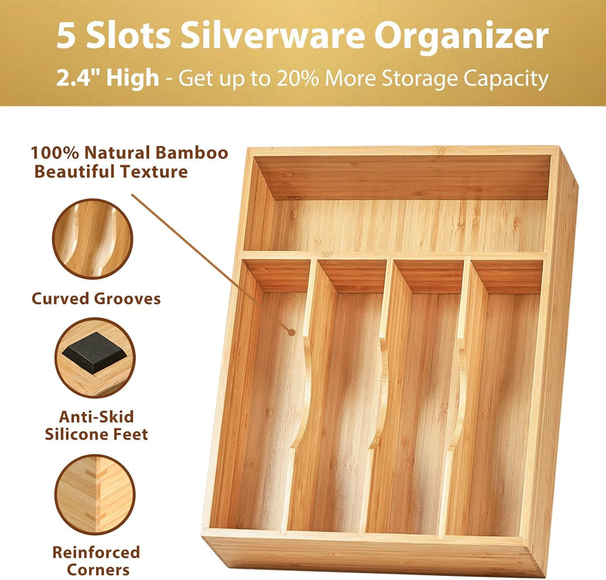 Bamboo Kitchen Drawer Organizer, 11 Inch Silverware Utensils Tray Holder with Grooved Dividers, 2.4" High Wood Caddy for Flatware Cutlery Knives