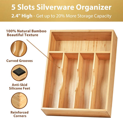 Bamboo Kitchen Drawer Organizer, 11 Inch Silverware Utensils Tray Holder with Grooved Dividers, 2.4" High Wood Caddy for Flatware Cutlery Knives