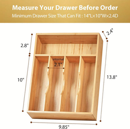 Bamboo Kitchen Drawer Organizer, 11 Inch Silverware Utensils Tray Holder with Grooved Dividers, 2.4" High Wood Caddy for Flatware Cutlery Knives
