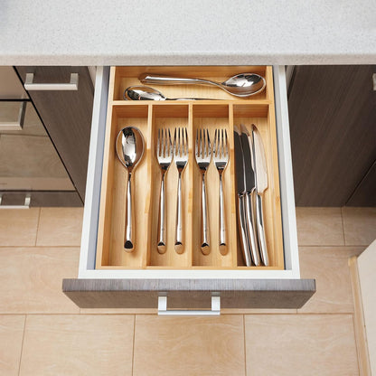 Bamboo Kitchen Drawer Organizer, 11 Inch Silverware Utensils Tray Holder with Grooved Dividers, 2.4" High Wood Caddy for Flatware Cutlery Knives