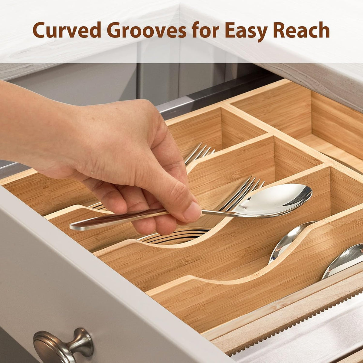 Bamboo Kitchen Drawer Organizer, 11 Inch Silverware Utensils Tray Holder with Grooved Dividers, 2.4" High Wood Caddy for Flatware Cutlery Knives