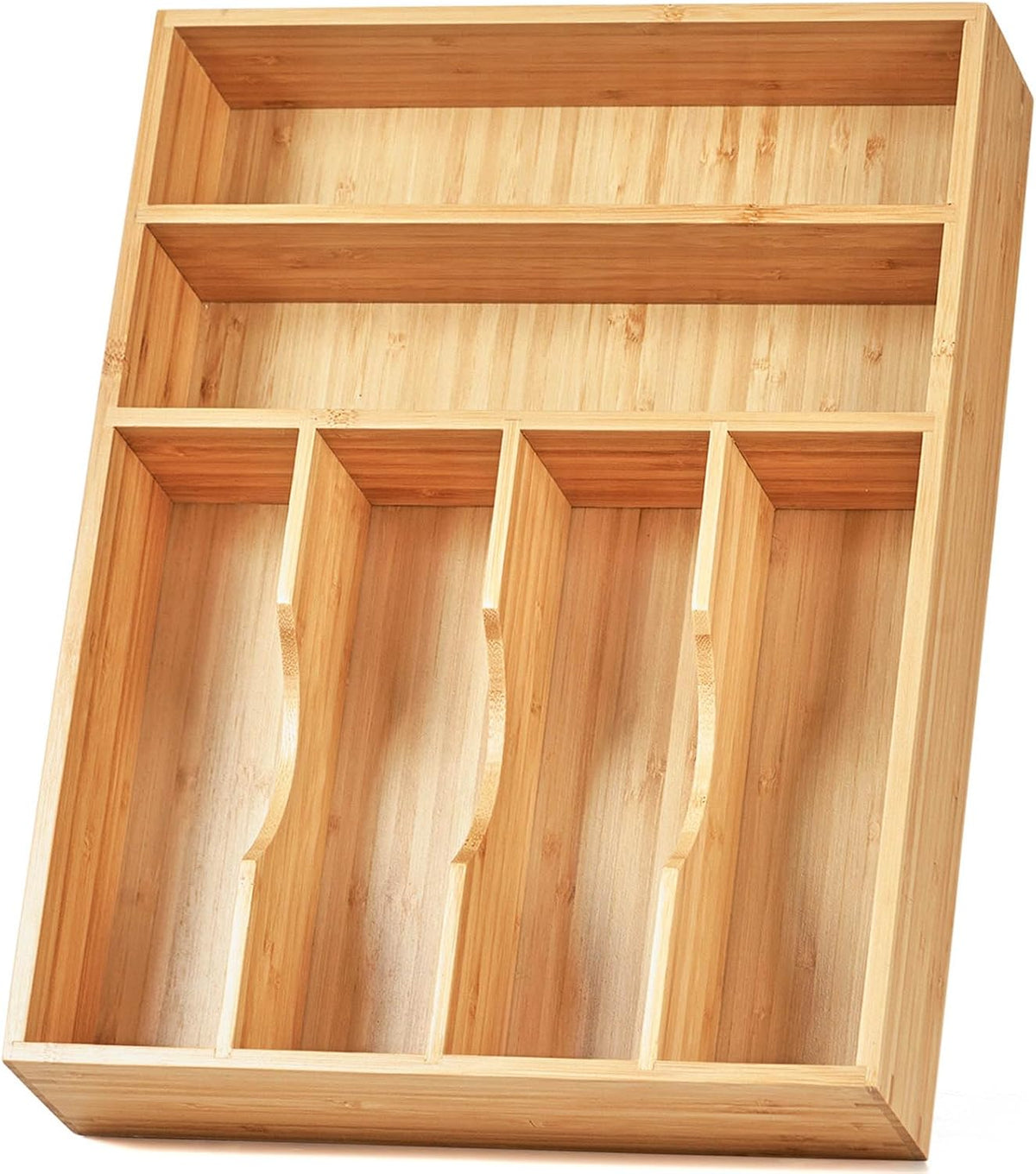 Bamboo Kitchen Drawer Organizer, 11 Inch Silverware Utensils Tray Holder with Grooved Dividers, 2.4" High Wood Caddy for Flatware Cutlery Knives