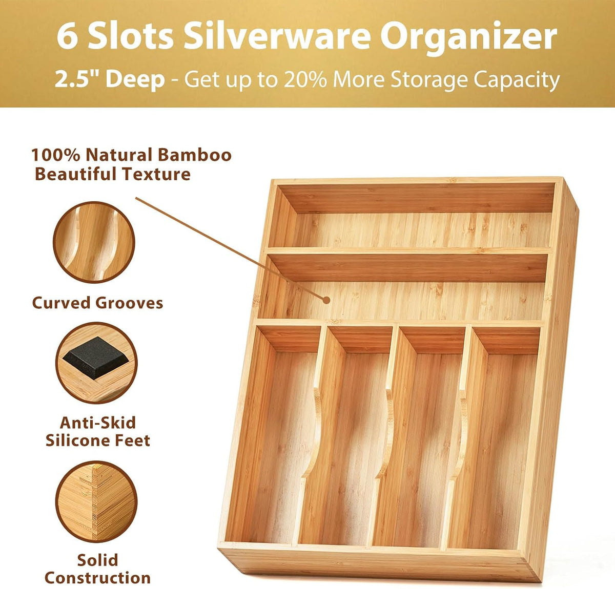 Bamboo Kitchen Drawer Organizer, 11 Inch Silverware Utensils Tray Holder with Grooved Dividers, 2.4" High Wood Caddy for Flatware Cutlery Knives
