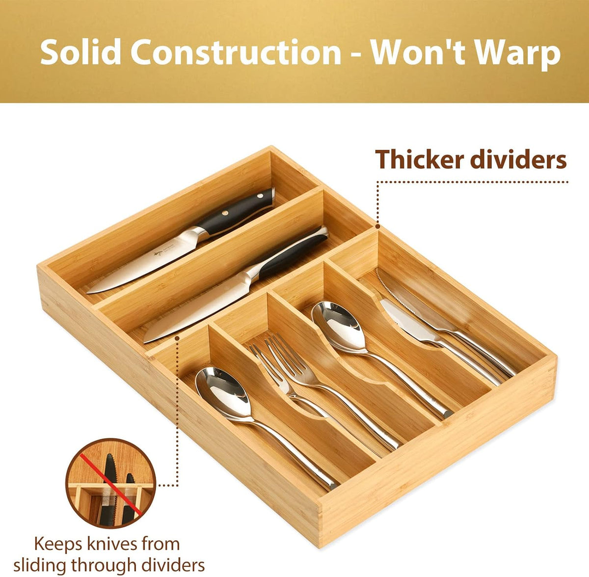Bamboo Kitchen Drawer Organizer, 11 Inch Silverware Utensils Tray Holder with Grooved Dividers, 2.4" High Wood Caddy for Flatware Cutlery Knives