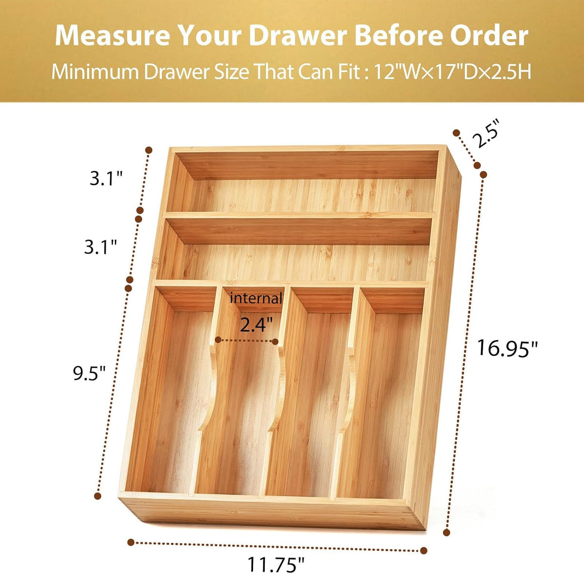 Bamboo Kitchen Drawer Organizer, 11 Inch Silverware Utensils Tray Holder with Grooved Dividers, 2.4" High Wood Caddy for Flatware Cutlery Knives