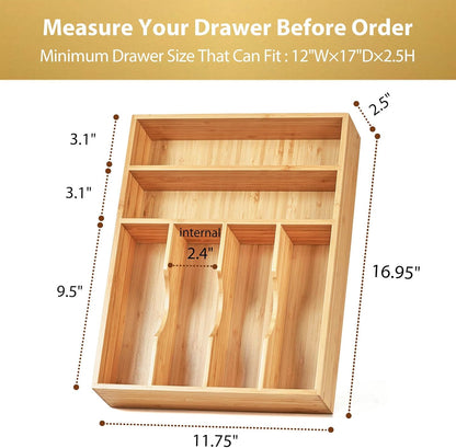 Bamboo Kitchen Drawer Organizer, 11 Inch Silverware Utensils Tray Holder with Grooved Dividers, 2.4" High Wood Caddy for Flatware Cutlery Knives