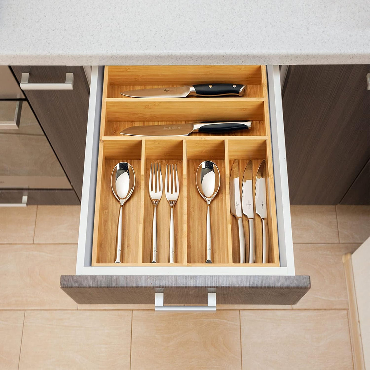 Bamboo Kitchen Drawer Organizer, 11 Inch Silverware Utensils Tray Holder with Grooved Dividers, 2.4" High Wood Caddy for Flatware Cutlery Knives