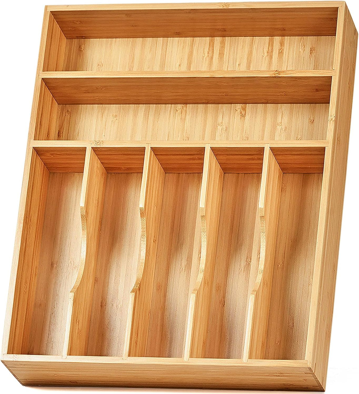 Bamboo Kitchen Drawer Organizer, 11 Inch Silverware Utensils Tray Holder with Grooved Dividers, 2.4" High Wood Caddy for Flatware Cutlery Knives