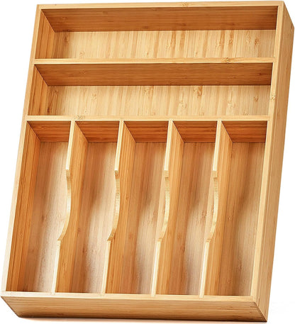 Bamboo Kitchen Drawer Organizer, 11 Inch Silverware Utensils Tray Holder with Grooved Dividers, 2.4" High Wood Caddy for Flatware Cutlery Knives