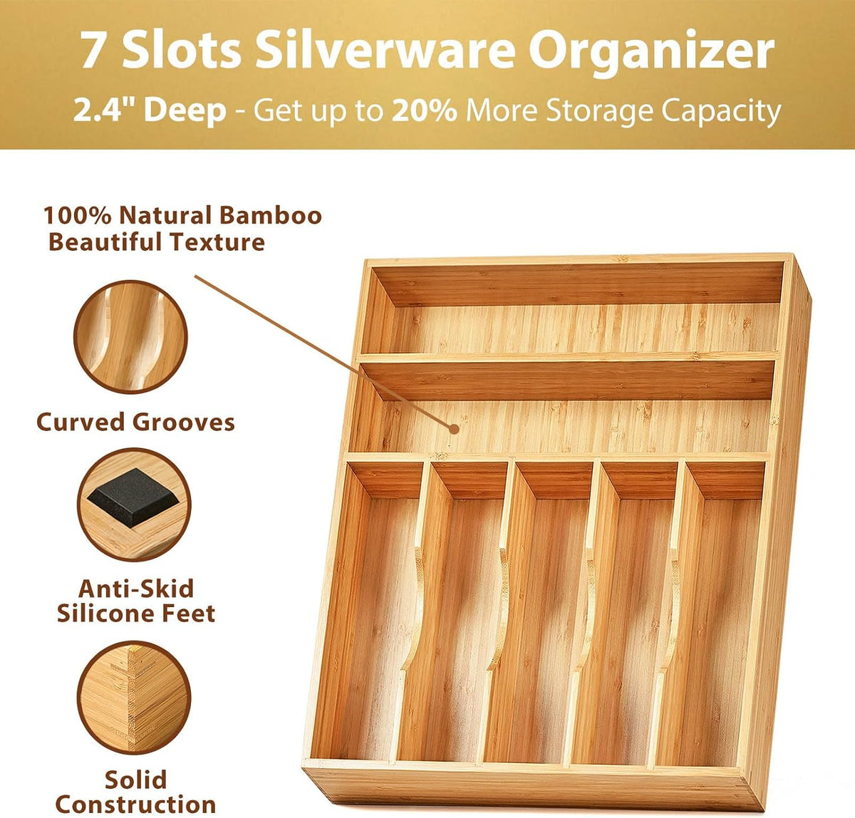 Bamboo Kitchen Drawer Organizer, 11 Inch Silverware Utensils Tray Holder with Grooved Dividers, 2.4" High Wood Caddy for Flatware Cutlery Knives