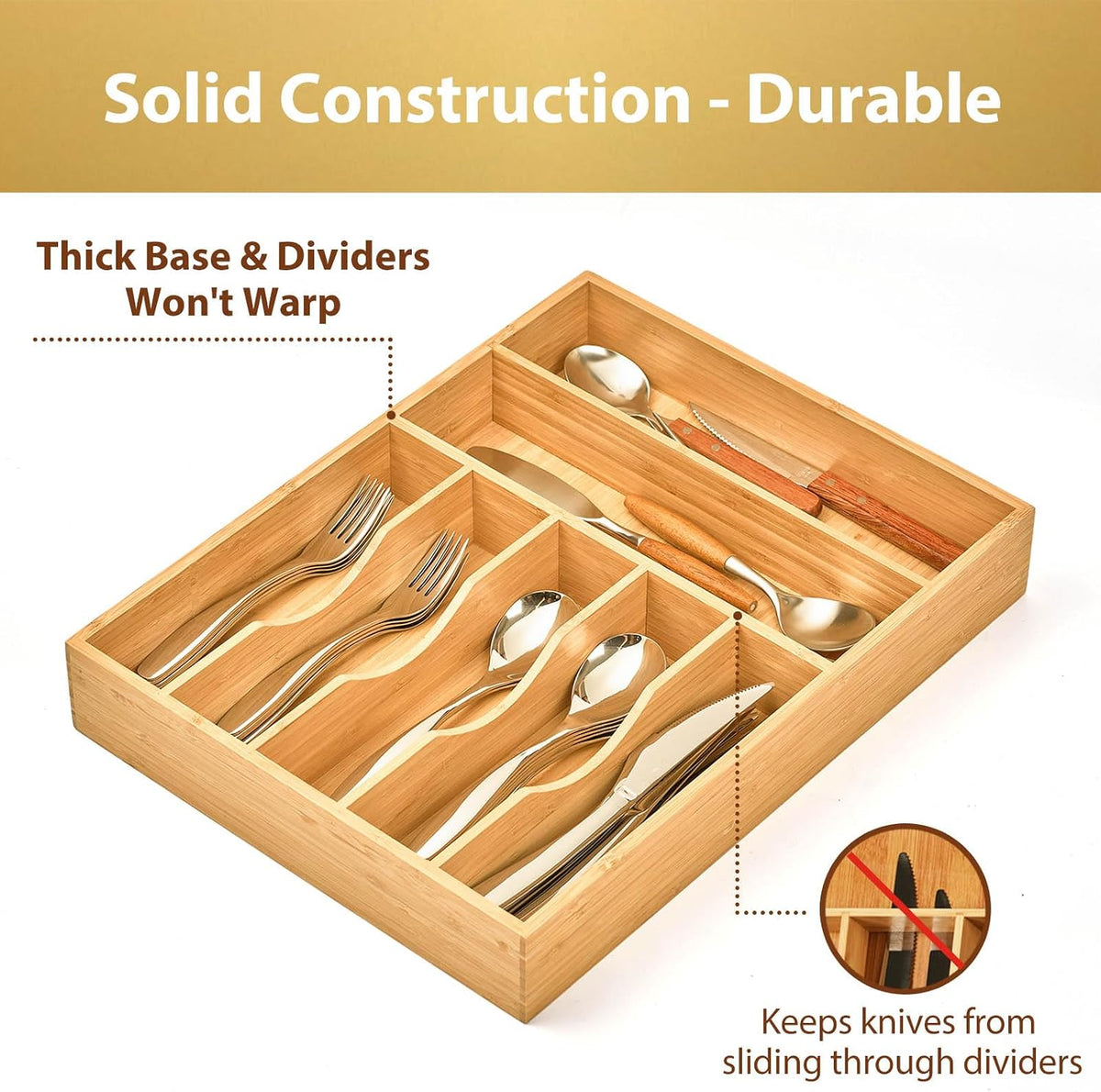 Bamboo Kitchen Drawer Organizer, 11 Inch Silverware Utensils Tray Holder with Grooved Dividers, 2.4" High Wood Caddy for Flatware Cutlery Knives