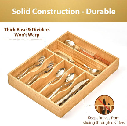 Bamboo Kitchen Drawer Organizer, 11 Inch Silverware Utensils Tray Holder with Grooved Dividers, 2.4" High Wood Caddy for Flatware Cutlery Knives