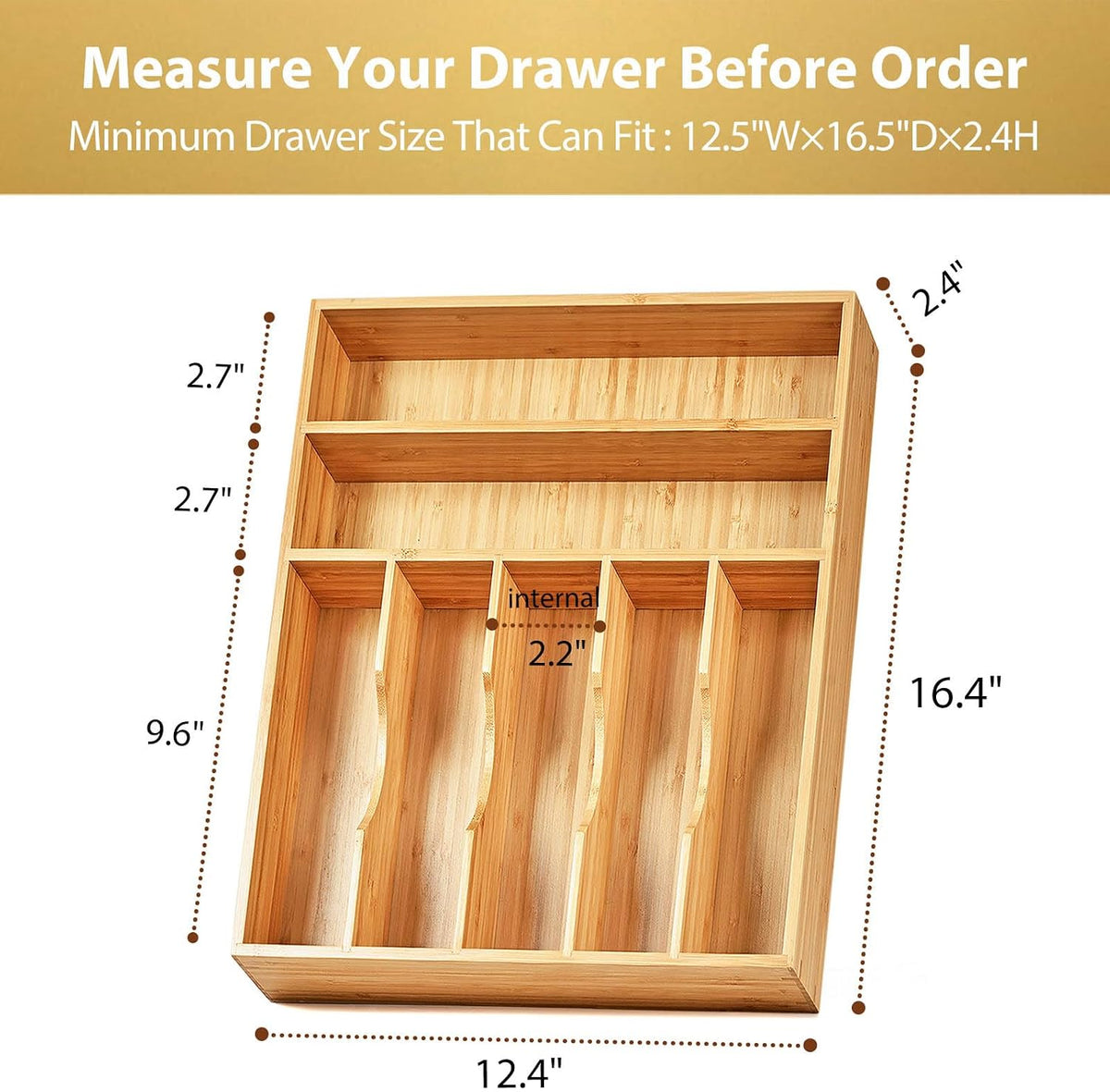 Bamboo Kitchen Drawer Organizer, 11 Inch Silverware Utensils Tray Holder with Grooved Dividers, 2.4" High Wood Caddy for Flatware Cutlery Knives