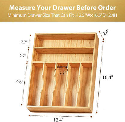 Bamboo Kitchen Drawer Organizer, 11 Inch Silverware Utensils Tray Holder with Grooved Dividers, 2.4" High Wood Caddy for Flatware Cutlery Knives
