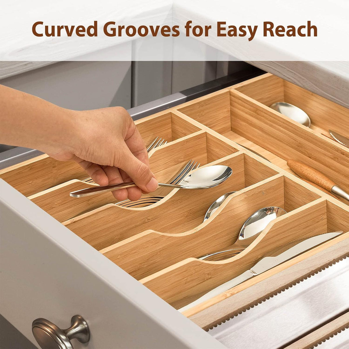 Bamboo Kitchen Drawer Organizer, 11 Inch Silverware Utensils Tray Holder with Grooved Dividers, 2.4" High Wood Caddy for Flatware Cutlery Knives