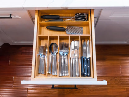 Bamboo Kitchen Drawer Organizer, 11 Inch Silverware Utensils Tray Holder with Grooved Dividers, 2.4" High Wood Caddy for Flatware Cutlery Knives