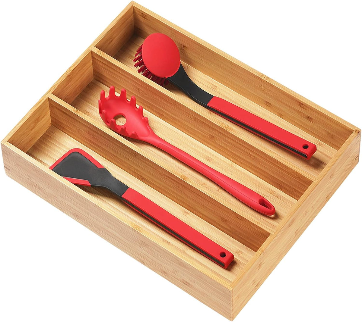 Bamboo Kitchen Drawer Organizer, 11 Inch Silverware Utensils Tray Holder with Grooved Dividers, 2.4" High Wood Caddy for Flatware Cutlery Knives