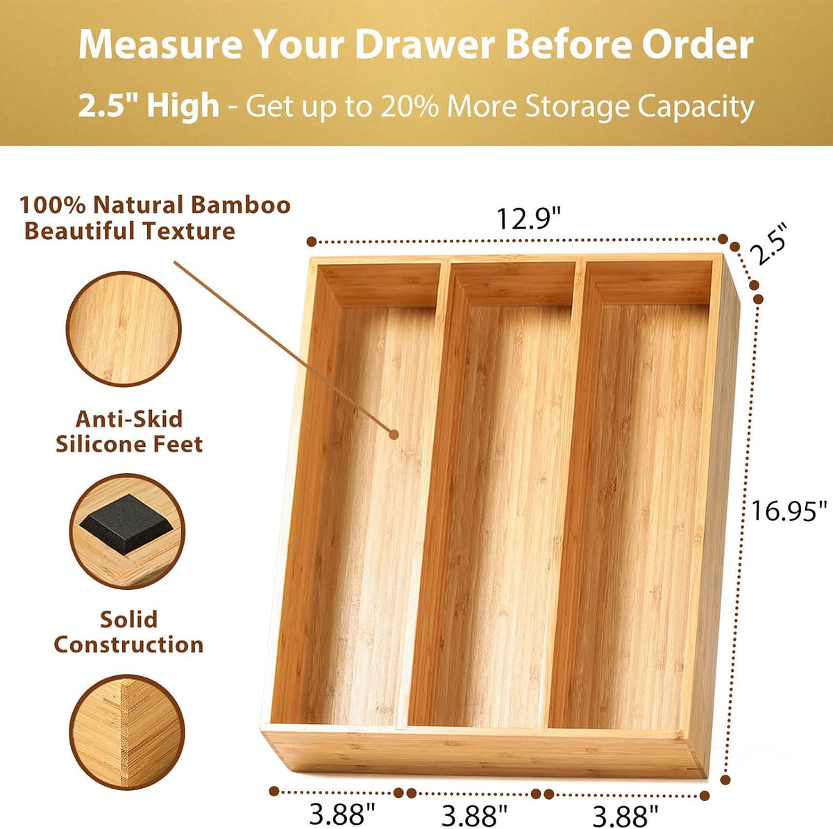 Bamboo Kitchen Drawer Organizer, 11 Inch Silverware Utensils Tray Holder with Grooved Dividers, 2.4" High Wood Caddy for Flatware Cutlery Knives