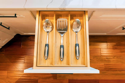 Bamboo Kitchen Drawer Organizer, 11 Inch Silverware Utensils Tray Holder with Grooved Dividers, 2.4" High Wood Caddy for Flatware Cutlery Knives