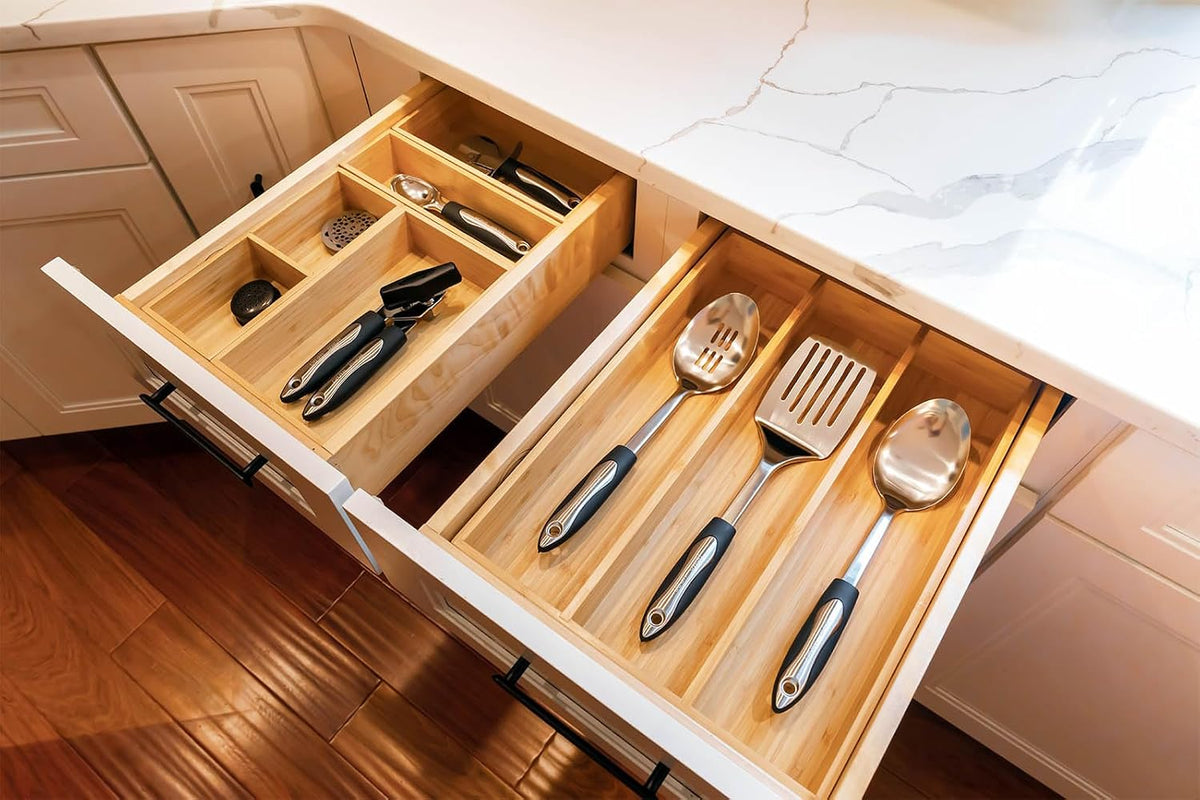 Bamboo Kitchen Drawer Organizer, 11 Inch Silverware Utensils Tray Holder with Grooved Dividers, 2.4" High Wood Caddy for Flatware Cutlery Knives