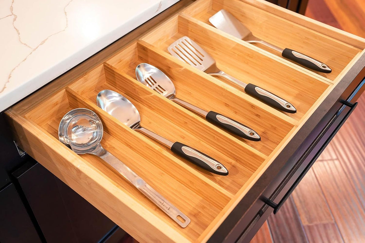 Bamboo Kitchen Drawer Organizer, 11 Inch Silverware Utensils Tray Holder with Grooved Dividers, 2.4" High Wood Caddy for Flatware Cutlery Knives