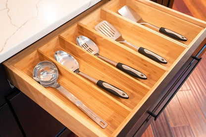 Bamboo Kitchen Drawer Organizer, 11 Inch Silverware Utensils Tray Holder with Grooved Dividers, 2.4" High Wood Caddy for Flatware Cutlery Knives