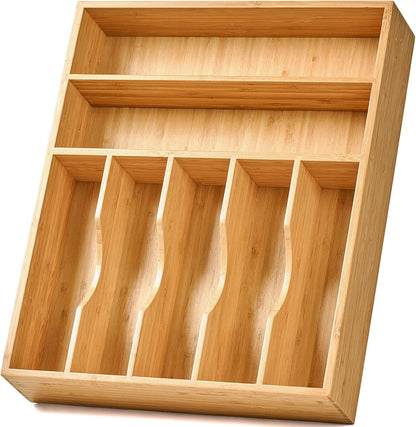 Bamboo Kitchen Drawer Organizer, 11 Inch Silverware Utensils Tray Holder with Grooved Dividers, 2.4" High Wood Caddy for Flatware Cutlery Knives
