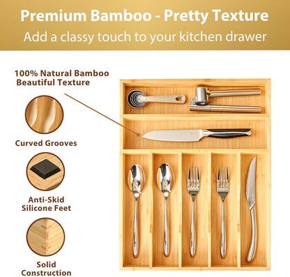 Bamboo Kitchen Drawer Organizer, 11 Inch Silverware Utensils Tray Holder with Grooved Dividers, 2.4" High Wood Caddy for Flatware Cutlery Knives