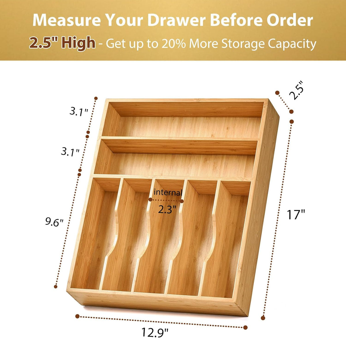 Bamboo Kitchen Drawer Organizer, 11 Inch Silverware Utensils Tray Holder with Grooved Dividers, 2.4" High Wood Caddy for Flatware Cutlery Knives