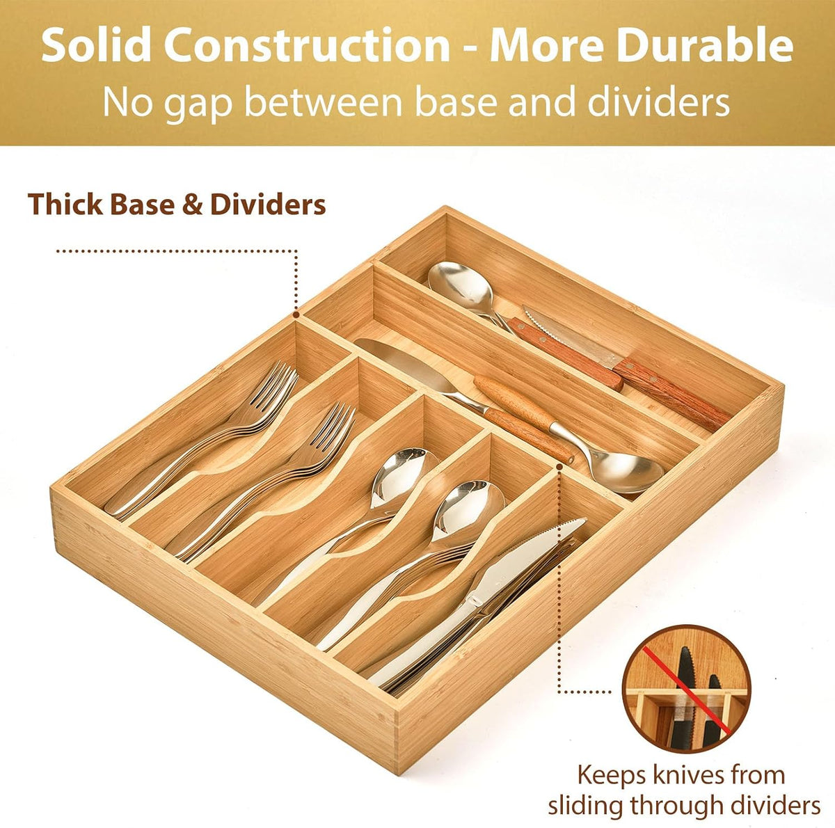 Bamboo Kitchen Drawer Organizer, 11 Inch Silverware Utensils Tray Holder with Grooved Dividers, 2.4" High Wood Caddy for Flatware Cutlery Knives