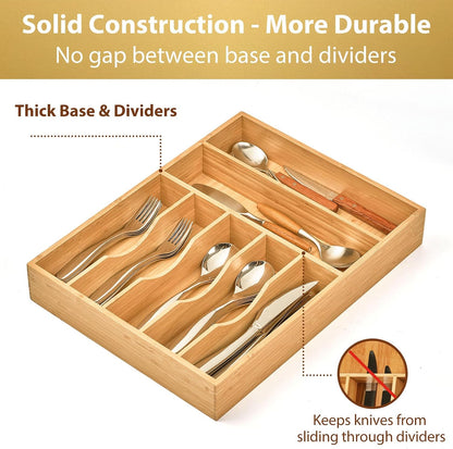 Bamboo Kitchen Drawer Organizer, 11 Inch Silverware Utensils Tray Holder with Grooved Dividers, 2.4" High Wood Caddy for Flatware Cutlery Knives