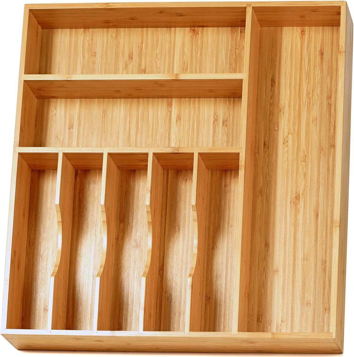 Bamboo Kitchen Drawer Organizer, 11 Inch Silverware Utensils Tray Holder with Grooved Dividers, 2.4" High Wood Caddy for Flatware Cutlery Knives