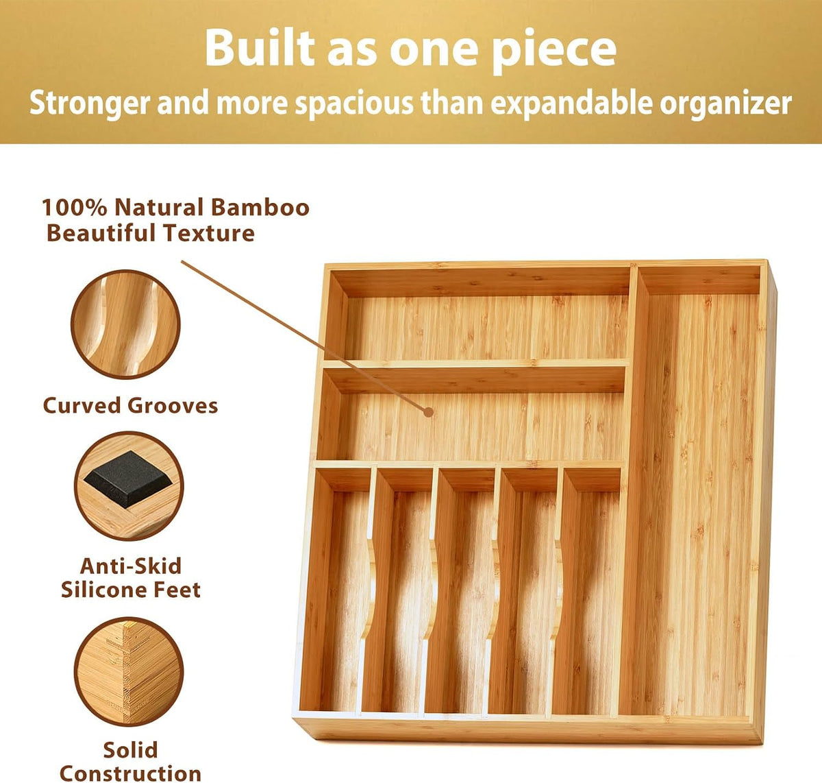 Bamboo Kitchen Drawer Organizer, 11 Inch Silverware Utensils Tray Holder with Grooved Dividers, 2.4" High Wood Caddy for Flatware Cutlery Knives