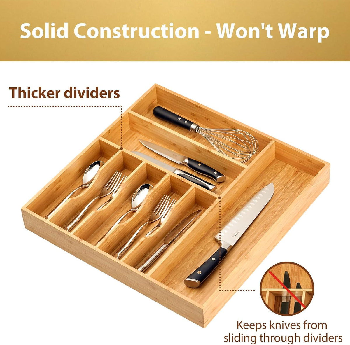 Bamboo Kitchen Drawer Organizer, 11 Inch Silverware Utensils Tray Holder with Grooved Dividers, 2.4" High Wood Caddy for Flatware Cutlery Knives