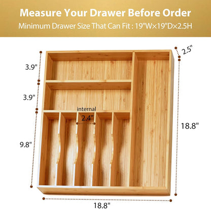 Bamboo Kitchen Drawer Organizer, 11 Inch Silverware Utensils Tray Holder with Grooved Dividers, 2.4" High Wood Caddy for Flatware Cutlery Knives