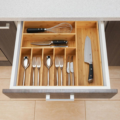 Bamboo Kitchen Drawer Organizer, 11 Inch Silverware Utensils Tray Holder with Grooved Dividers, 2.4" High Wood Caddy for Flatware Cutlery Knives
