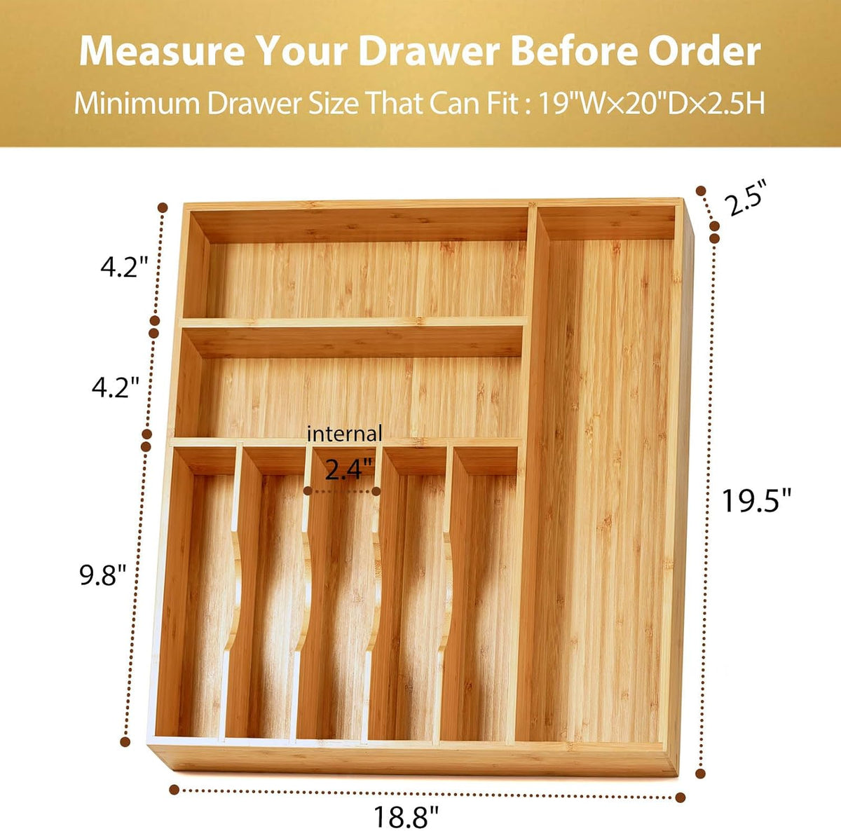 Bamboo Kitchen Drawer Organizer, 11 Inch Silverware Utensils Tray Holder with Grooved Dividers, 2.4" High Wood Caddy for Flatware Cutlery Knives