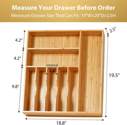 Bamboo Kitchen Drawer Organizer, 11 Inch Silverware Utensils Tray Holder with Grooved Dividers, 2.4" High Wood Caddy for Flatware Cutlery Knives