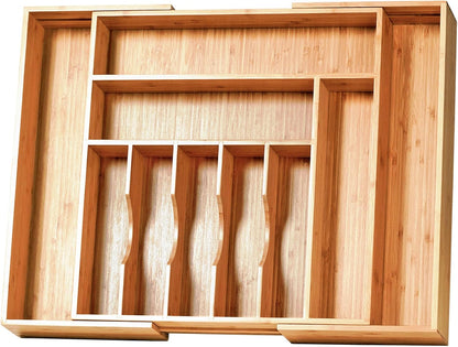 Bamboo Kitchen Drawer Organizer, 11 Inch Silverware Utensils Tray Holder with Grooved Dividers, 2.4" High Wood Caddy for Flatware Cutlery Knives