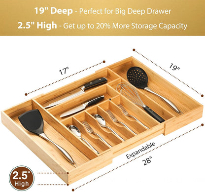 Bamboo Kitchen Drawer Organizer, 11 Inch Silverware Utensils Tray Holder with Grooved Dividers, 2.4" High Wood Caddy for Flatware Cutlery Knives