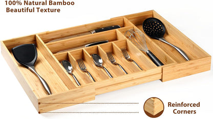 Bamboo Kitchen Drawer Organizer, 11 Inch Silverware Utensils Tray Holder with Grooved Dividers, 2.4" High Wood Caddy for Flatware Cutlery Knives