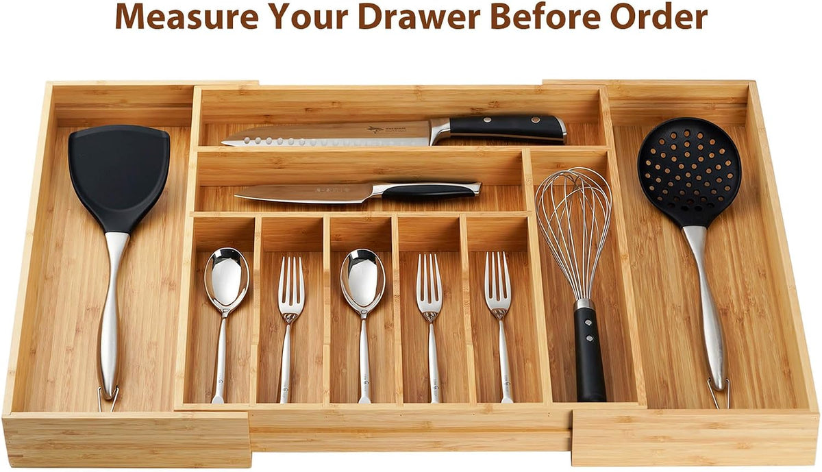 Bamboo Kitchen Drawer Organizer, 11 Inch Silverware Utensils Tray Holder with Grooved Dividers, 2.4" High Wood Caddy for Flatware Cutlery Knives