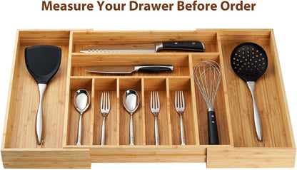 Bamboo Kitchen Drawer Organizer, 11 Inch Silverware Utensils Tray Holder with Grooved Dividers, 2.4" High Wood Caddy for Flatware Cutlery Knives