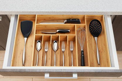 Bamboo Kitchen Drawer Organizer, 11 Inch Silverware Utensils Tray Holder with Grooved Dividers, 2.4" High Wood Caddy for Flatware Cutlery Knives