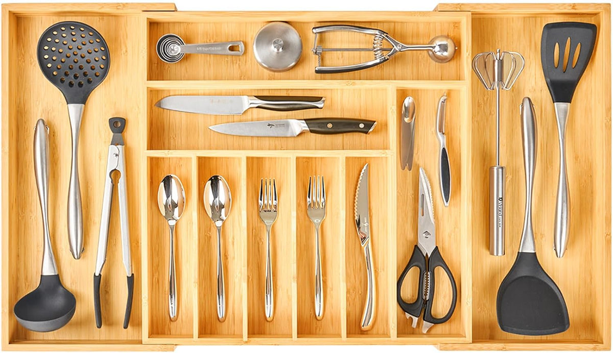 Bamboo Kitchen Drawer Organizer, 11 Inch Silverware Utensils Tray Holder with Grooved Dividers, 2.4" High Wood Caddy for Flatware Cutlery Knives