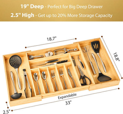 Bamboo Kitchen Drawer Organizer, 11 Inch Silverware Utensils Tray Holder with Grooved Dividers, 2.4" High Wood Caddy for Flatware Cutlery Knives