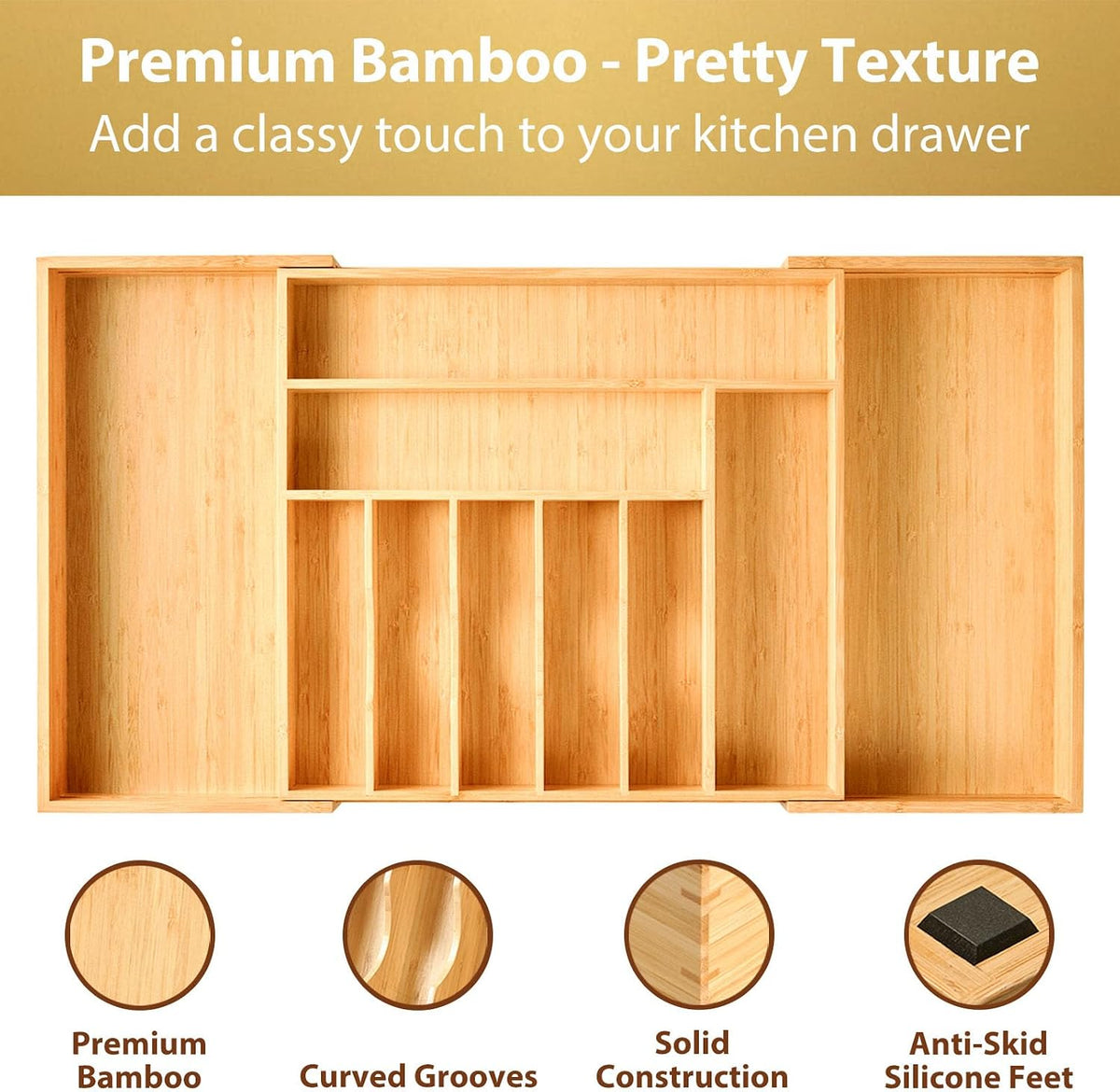 Bamboo Kitchen Drawer Organizer, 11 Inch Silverware Utensils Tray Holder with Grooved Dividers, 2.4" High Wood Caddy for Flatware Cutlery Knives
