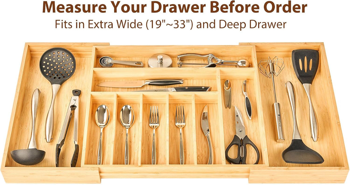 Bamboo Kitchen Drawer Organizer, 11 Inch Silverware Utensils Tray Holder with Grooved Dividers, 2.4" High Wood Caddy for Flatware Cutlery Knives