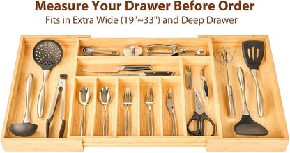 Bamboo Kitchen Drawer Organizer, 11 Inch Silverware Utensils Tray Holder with Grooved Dividers, 2.4" High Wood Caddy for Flatware Cutlery Knives
